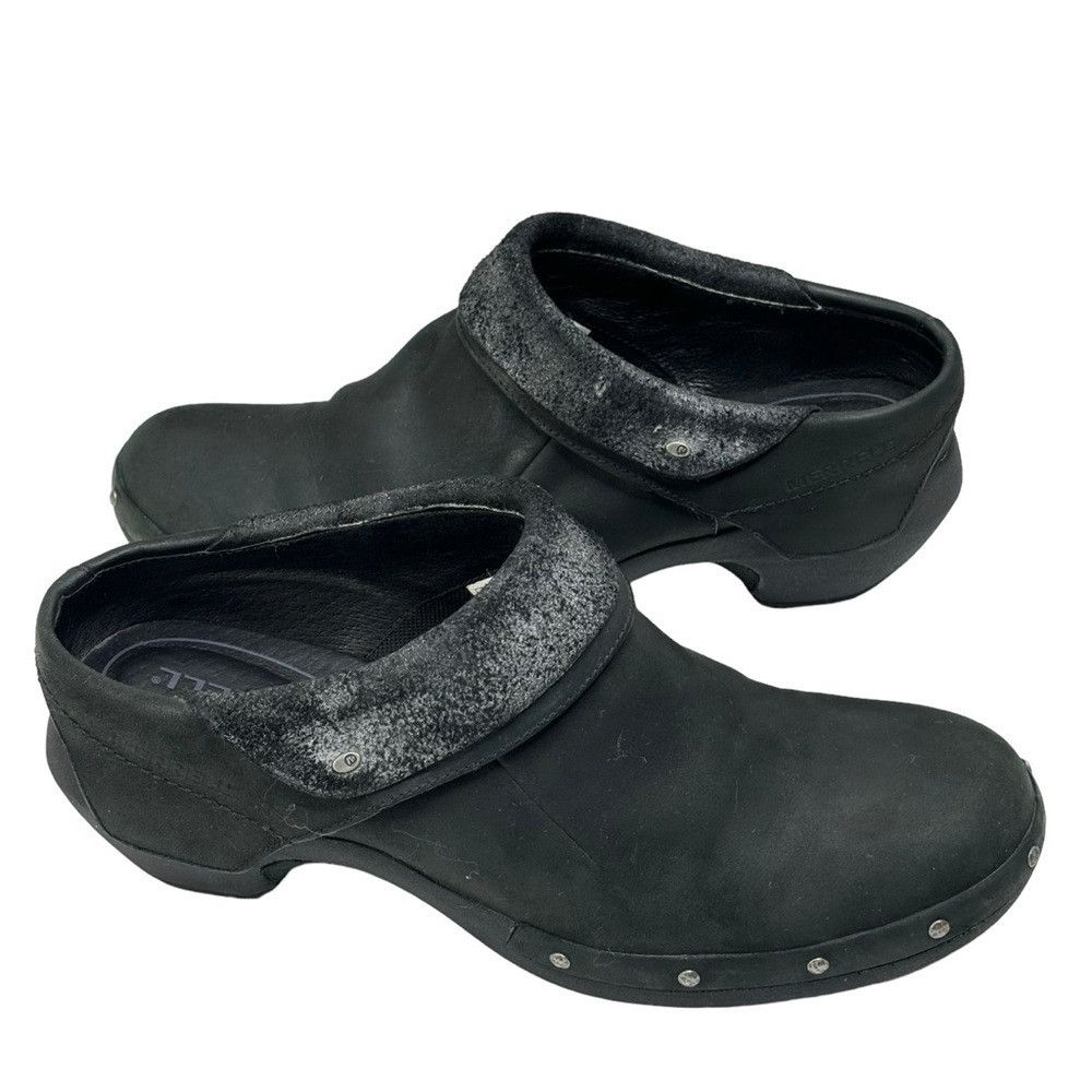 Merrell Black Luxe Leather Wrap 2.5” Slip On Clog w Nickel Stud Accents Size 11 - Picture 4 of 14